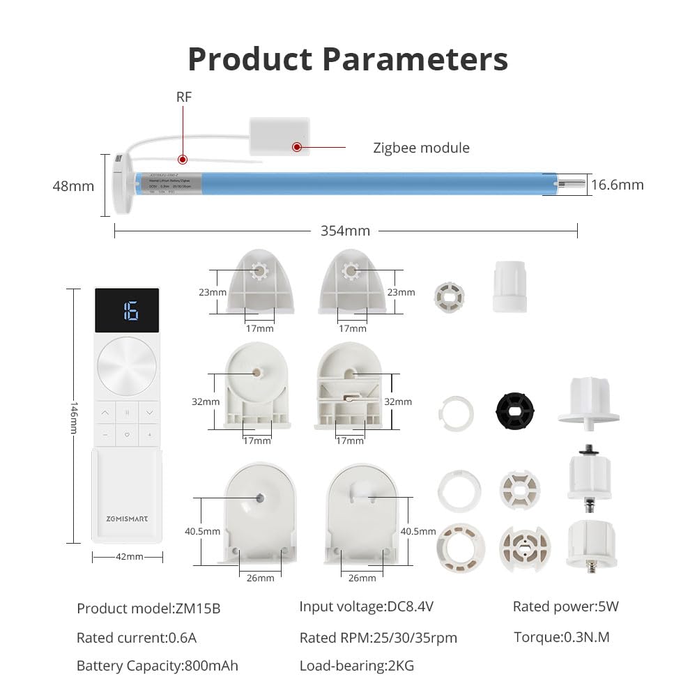 Zigbee Moteur de store pour tube de 17/20/25/28 mm, 800 mAh alimenté par USB, contrôle de groupe, fonctionne avec Alexa/Google Home/HomeKit/Tuya, Tuya Zigbee Hub requis (moteur uniquement)
