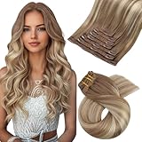 Picture of Moresoo Clip in Hair Extensions Real Human Hair Brown to Blonde Hair Extensions Clip ins Light Brown to Meidum Blonde Balayage Soft And Straight 120g/7pcs 16 inch