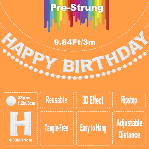 Image of 2 PCS Pre-Strung 3D Felt Happy Birthday Banner - White Theme Birthday Decorations Sign, Pom Pom Garland, Reusable Party Decor, Photo Prop(White)