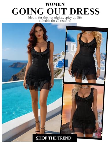 Avidlove Women Sexy Bodycon Asymmetrical Mesh Ruffle Hem Mini Dress Black - image 6