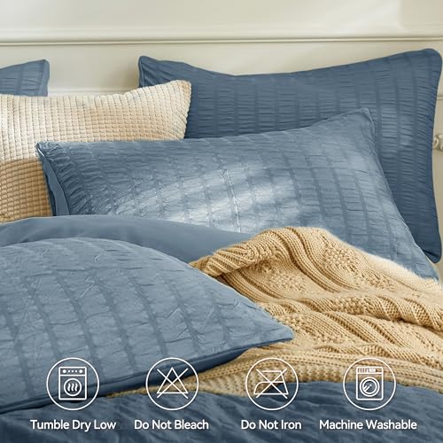 Image of JELLYMONI Sierra Blue Duvet Cover Full Size, 3pcs Washed Microfiber Bedding Set, Soft Breathable Seersucker Duvet Cover Set with Zipper Closure and Corner Ties for All Seasons