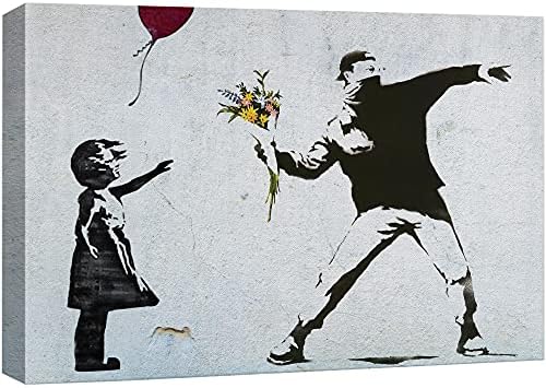 wall26 Canvas Print Wall Art Banksy Flower Thrower & Balloon Girl Graffiti & Street Art Pop Culture Illustrations Pop Art Bohemian Multicolor Dark for Living Room, Bedroom, Office - 16"x24"