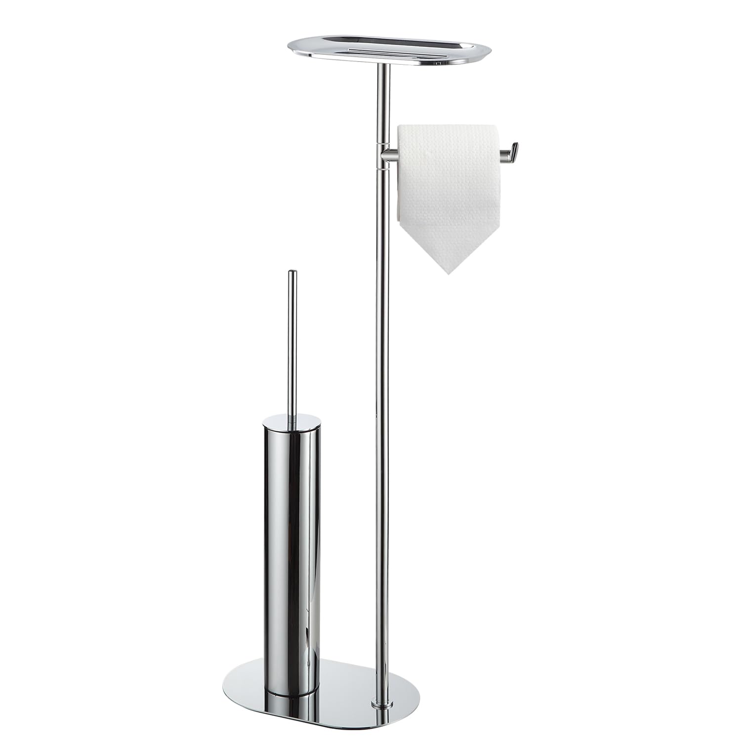 BGL Freistehendes Toilettenbürsten-Set mit langem Edelstahl Chrom – WC Bürste & Klobürste mit Toilettenpapierhalter, 3-in-1 Set mit Ablage, Modernes Design