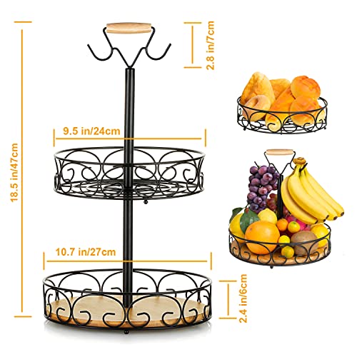 Etechmart Fruit Basket, Vegetables Countertop Bowl Storage With Banana Hanger, Detachable Bread, Snacks Baskets Holder Large Capacity Fruit Tray (Bamboo&Iron - 2 Tier) #TOP5