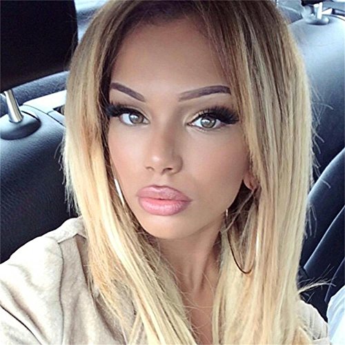 Cbwigs Ombre Blonde Long Straight Synthetic Lace Front Wigs with Dark Brown Roots 2 Tone Fiber Hair Half Hand Tied Wig for White Women 18 Inches