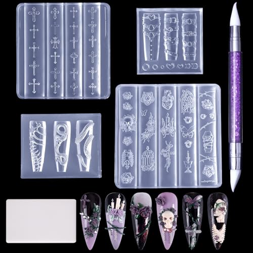 Laza 4pcs Gothic Silicone Nail Art Molds 3D Rose Snake Bones Cross Collar Skull Exquisite Silicone Nail Accessories with Carving Pen Resin Nail Art Mold Manicure Tools for DIY Salon Nail Design