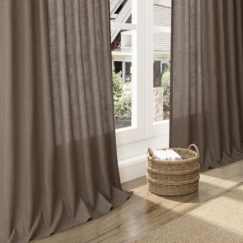 Image of Extra Long Light Brown Curtain 108 Inches Long 2 Panels Set Back Tab Linen Drapes for Living Room Neutral Farmhouse Light Filtering Semi Sheer Linen Curtains 108 Inch Length for Large Window 9 FT