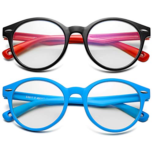 Kids Blue Light Blocking Glasses Silicone Flexible Round Eyeglasses Frame with Glasses Rope, for Children Age 3-12(2 Pack ?Black/Red+ Blue?)