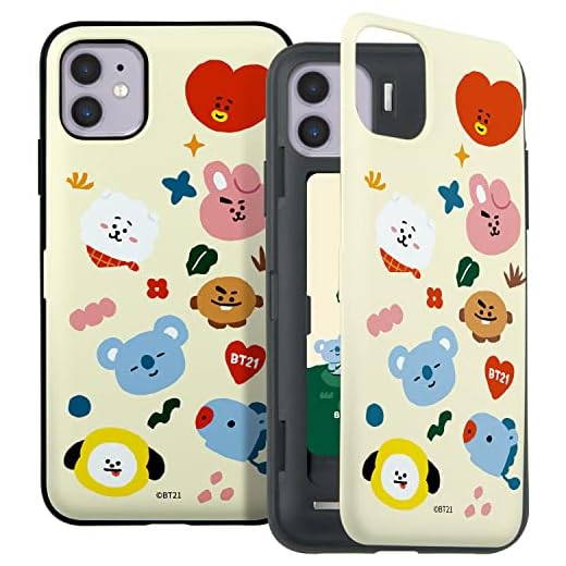 BT21 Official Merchandise for iPhone 11 Case (6.1 inch) with Card Holder Mirror Shockproof Protective Thin Slim Hard PC Back Cover Phone Case