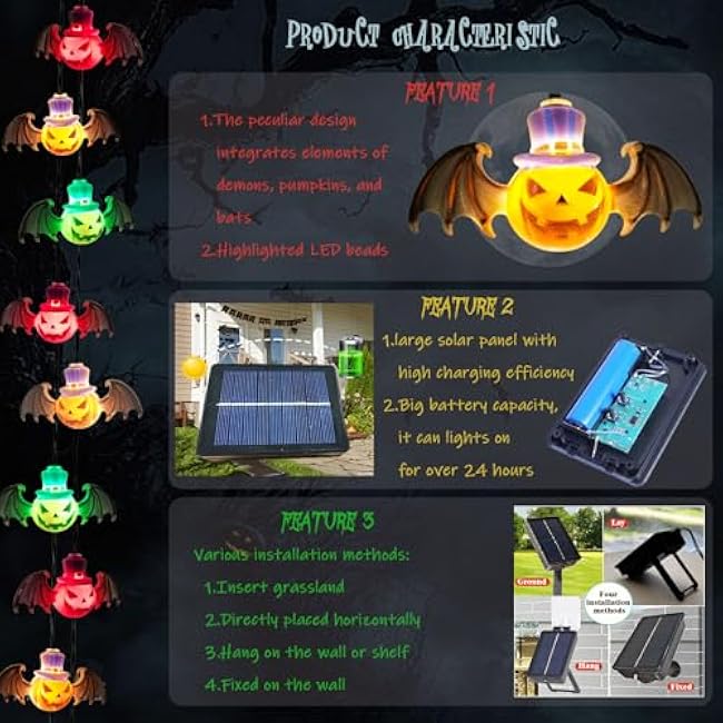 Solar Garden Lights for Halloween Decorations Outdoor, 20LED 18Ft 3D Scary Devil Pumpkin Bat Solar String Lights, Halloween Solar Lights Outside for Home Yard Garden Party Gifts Decor(Red Green White)