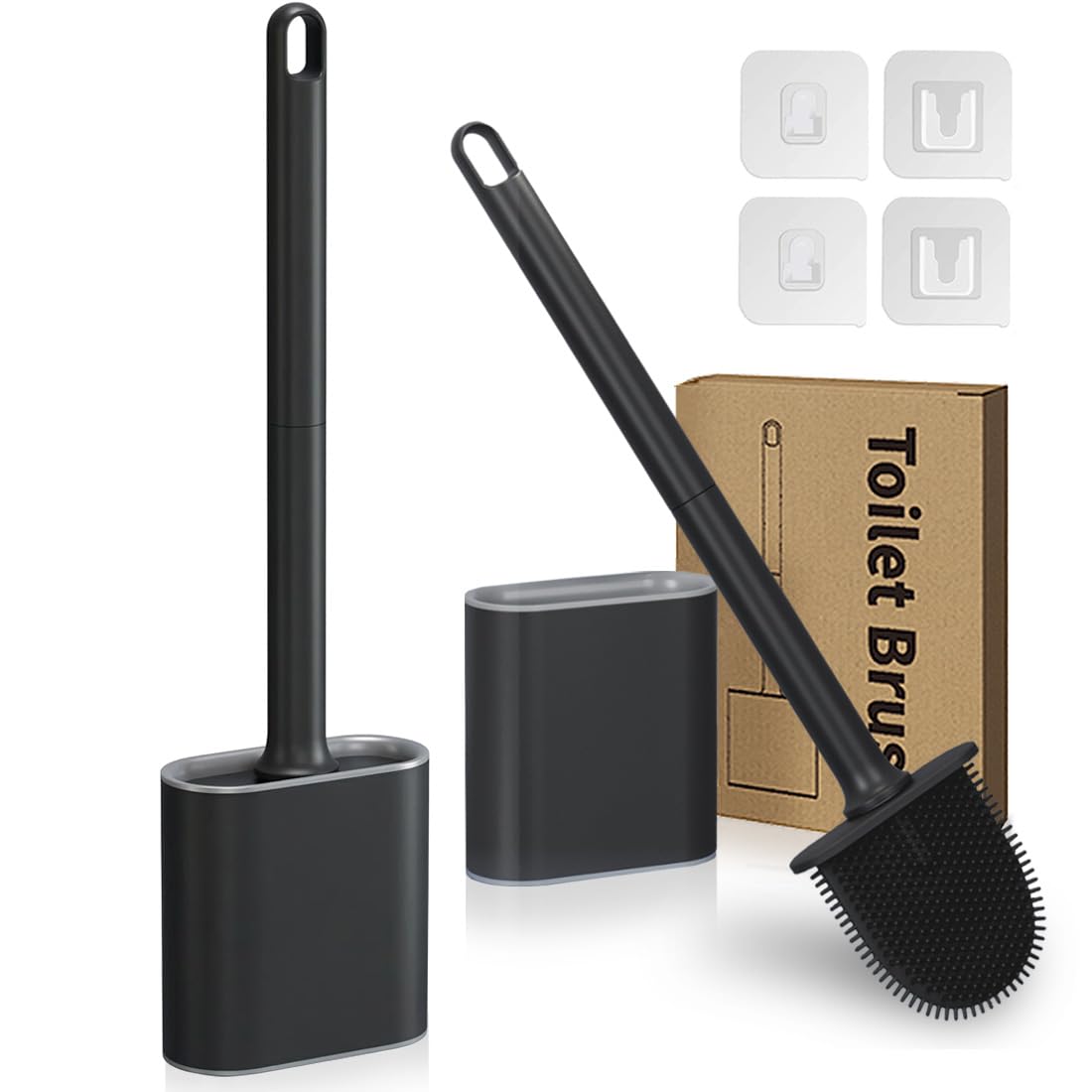 2 Pack Silicone Toilet Brush with Holder Set - Flexible Bristles Toilet Brush Bendable Quick Drying Flooring Wall Mounted Long Handle Hygienic Deep Cleaner Anti-drip for Toilet Bathroom, Black