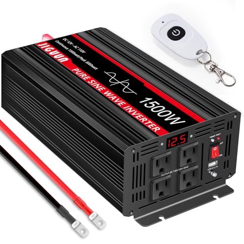 Image of JIGUUN 1500 Watt Pure Sine Wave Inverter DC 12V to AC 120V Converter, Remote Control Power Car Inverter with LED 4 AC Outlets USB Output for Outdoor Camping RV.
