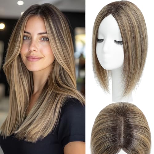 SEA SINGING Hair Toppers for Women Real Human Hair 12 Inch Upgrade Mono Base 4.6x4 Inch Human Toppers for Women with Thinning Hairpieces No Bangs for Add Volume(4T427#)