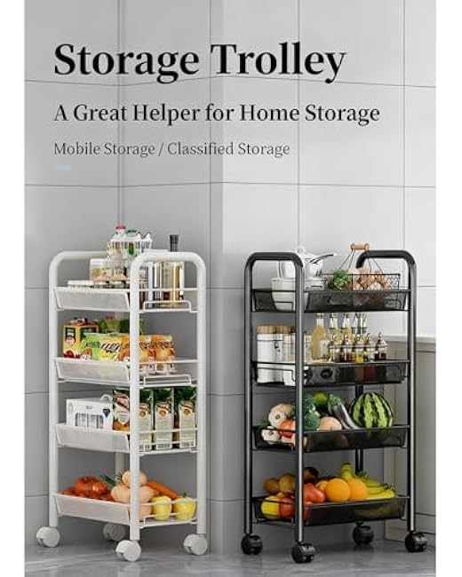 Slim Storage Cart 4-Tier Narrow Rolling Cart with 4 Wire Baskets for Kitchen, Bathroom, Laundry Room ¨C Mobile Utility Cart on Wheels for Small Spaces, Easy to Move-y9XdqTGV