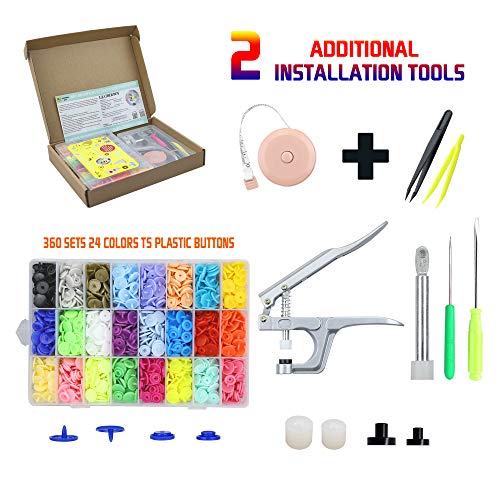 BESTNULE Snaps and Snap Pliers Set, 360 Sets 24 Colors T5 Plastic Buttons for Sewing and Crafting, Resin Snaps Hand Tool Snaps Fastener with Organizer Storage Containers