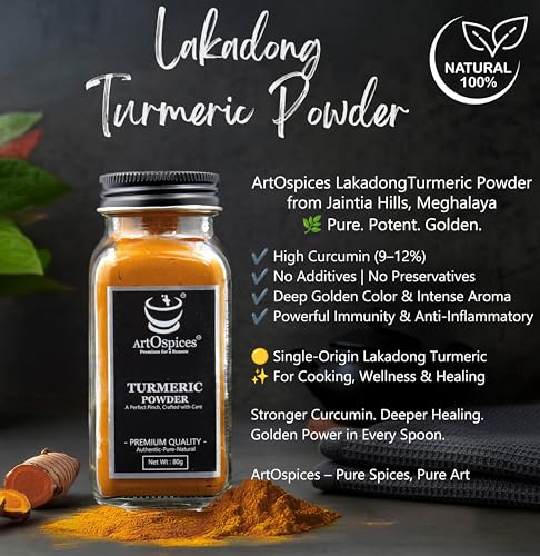Image of ArtOspices Lakadong Turmeric Powder 160g | Pack of 2 Glass Jars 80g Each | 9-12% High Curcumin | Pure Haldi Meghalaya | No Preservatives | Chemical-Free Haldi