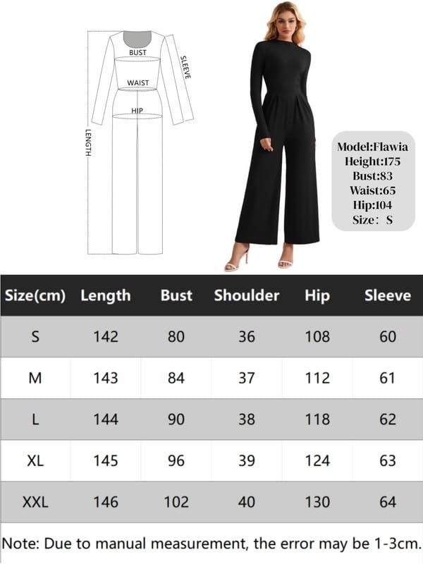 Combinaison Femme Chic et Élégant Manches Longues Col Mock Jumpsuit Slim Fit Taille Haute Pantalon Large avec Poches Casual Combinaisons Fluide Combi Automne pour Cocktail Mariage Soirée