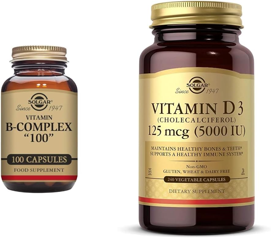 SOLGAR B-Complex 100", 100 Vegetable Capsules - Heart Health - Nervous System & Vitamin D3 (Cholecalciferol) 125 mcg (5000 IU), 240 Vegetable Capsules - Helps Maintain