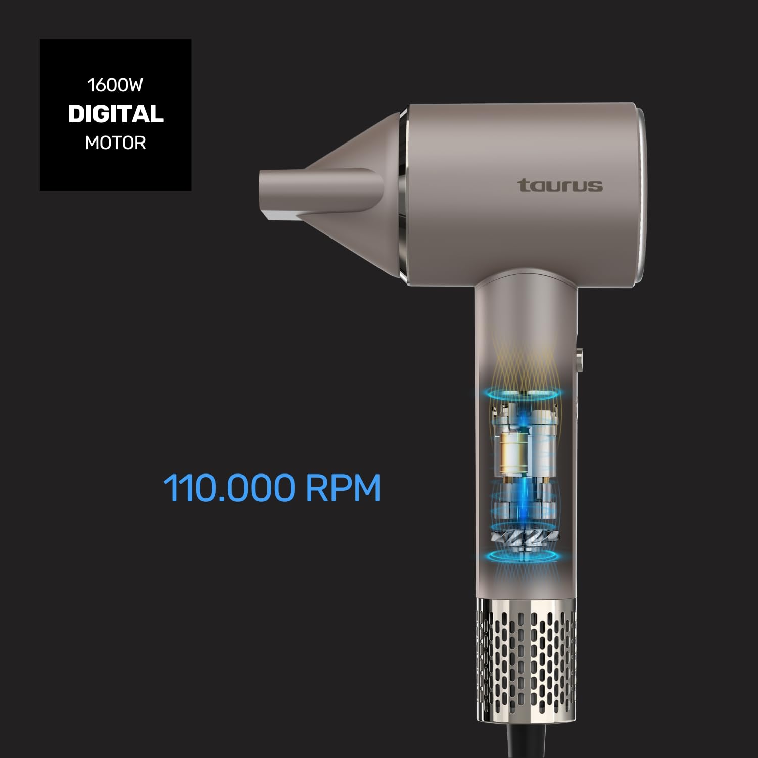 Taurus – Secador de Pelo Digital Force Protect, Ionic Care, 10 Niveles de Velocidad y Temperatura, Oscillating Temp Protect, Memoria, Luz LED, Filtro magnético, Accesorios incluidos