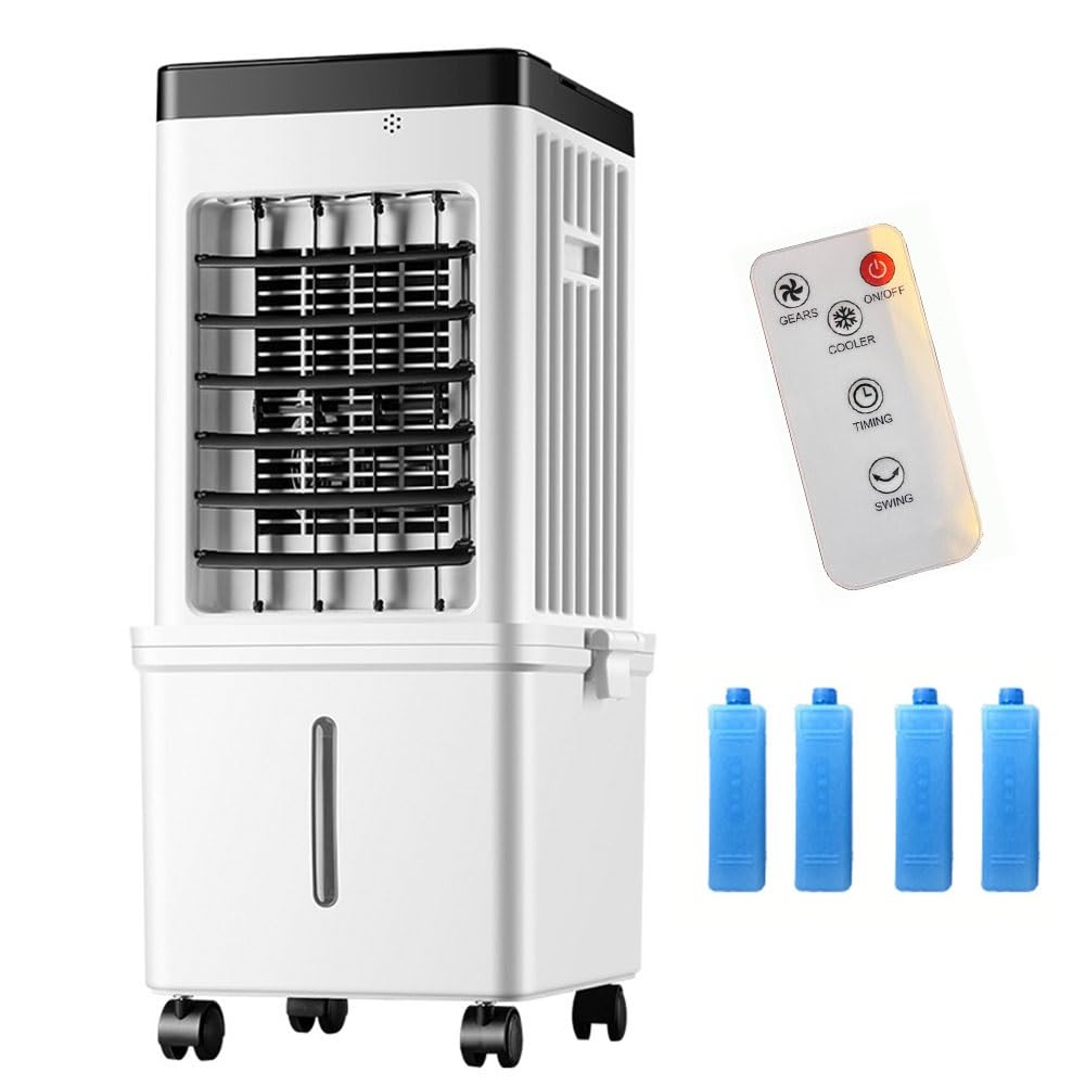 MESOVFCA 15l Portable Air Cooler, Evaporative Air Conditioner Fan With Humidifier, 3 Speeds, 90° Oscillation, 7.5h Timer, Remote Control, Led Display, Low Energy Space-saving Fan Black