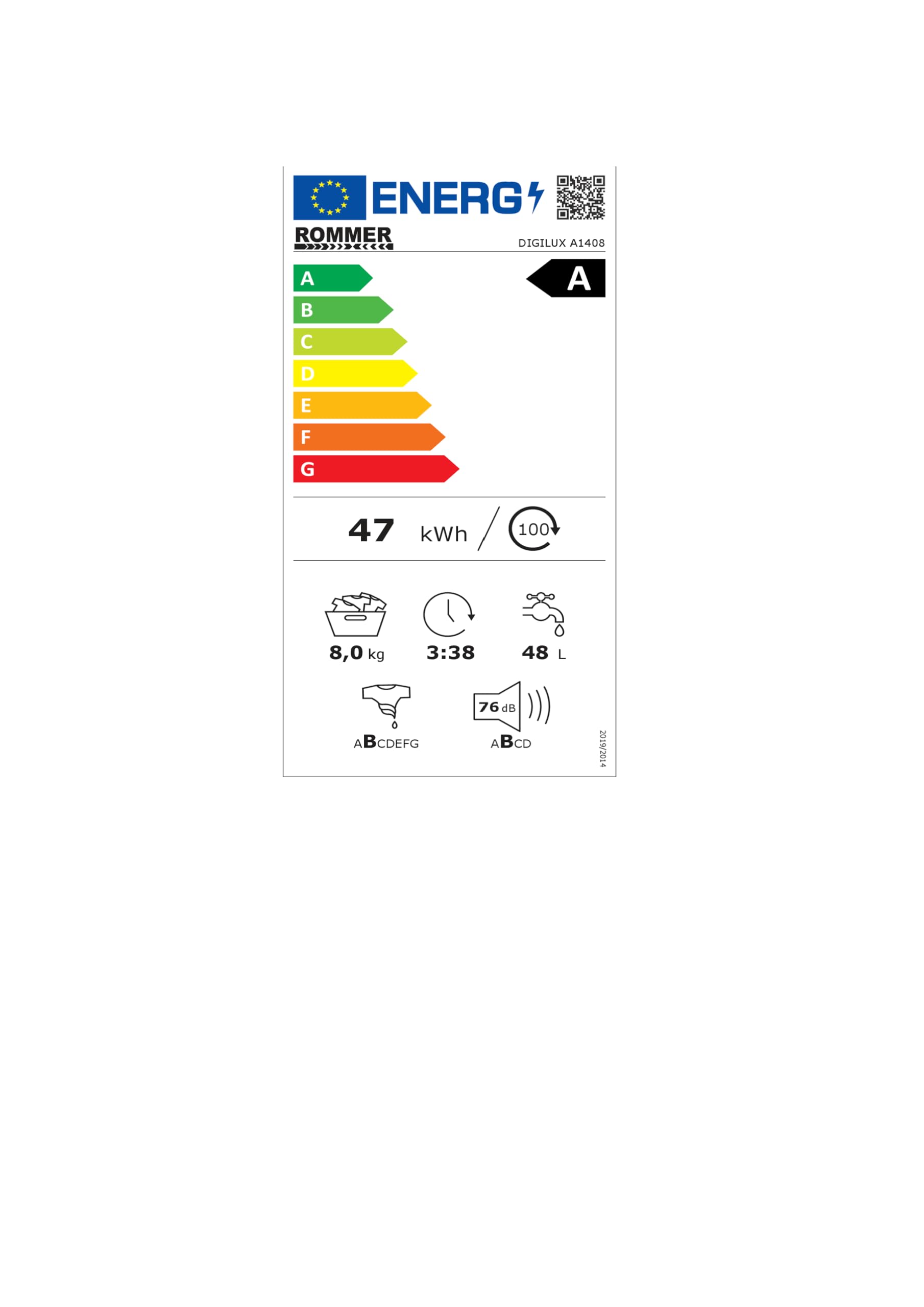 Lavadora Rommer Digilux A1408, carga frontal, capacidad 8 KG, clasificación energética clase A, Look Inox
