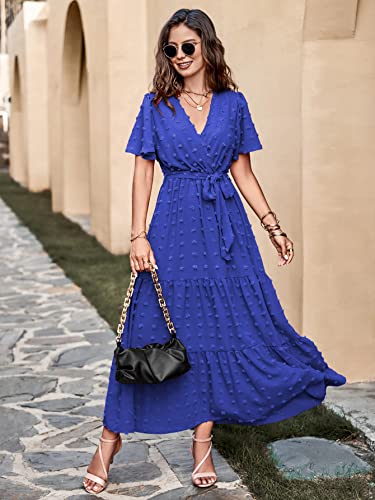 Image of MASCOMODA Women Boho Swiss Dot Maxi Dresses Wrap V Neck Flutter Short Sleeve Solid Tie Waist A Line Tiered Flowy Long Dresses