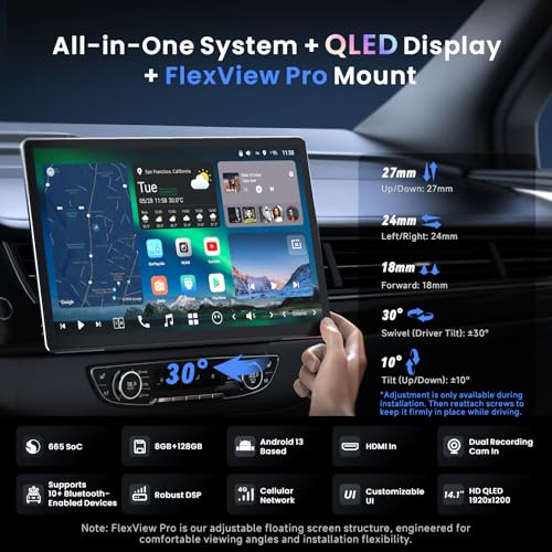 Image of 14.1 inch QLED Touchscreen Single & Double DIN Android AI Car Stereo, with Dashcam, Emergency Lock, GPS Tracking, 7.1.2 Audio, 4V RCA, HDMI in, 4G LTE, 8G+128G, Wireless CP&AA, ADS Protocol, X10G141E
