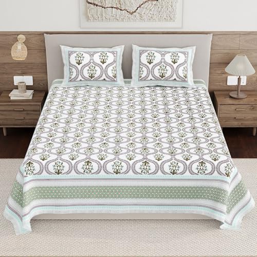 Image of Living Roots Ethnic Jaipur Block Print Double Cotton Bedsheet & 2 Pillow Covers, for Mattress Upto 6 inches Thick, No Colour Bleeding, Olive Green Colour, King Size 90 * 108 inches, 120TC (604-C)