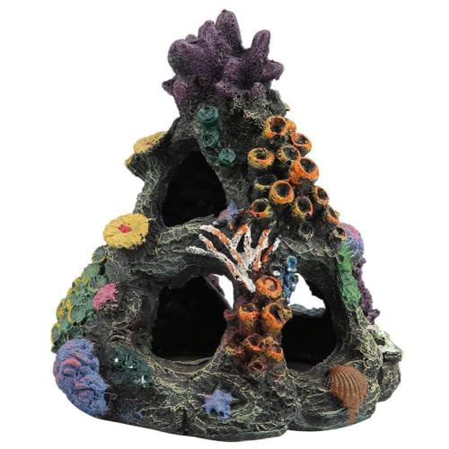 PINVNBY Coral Aquarium Decorations (Size: 6.3 x 4.7 x 4.7 inches) Small Fish Tank Decorations Hideout Resin Rock Mountain Cave Ornaments Betta Hideout House for Beta Sleep Rest Hide Play Breed by PINVNBY - Used condition - US$10.89