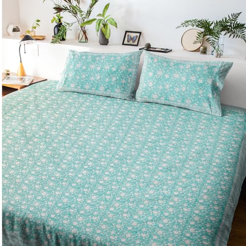 Image of ShamaGreen Premium Hand Block Printed Bedsheet | Bed Sheet Flatsheet | Pure Cotton | Double Bed King Size 108 inchx108 inch | 300 TC Bedsheets | Includes 2 Pillow Covers | Floral Spread