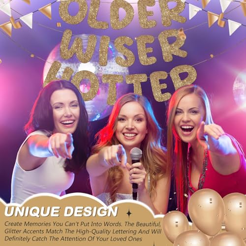 Image of Fulmoon Set of 3 Pre Strung Older Wiser Hotter Glitter Banner Funny Birthday Banner for Women 30th 40th 50th 60th 70th 80th Birthday Party Decorations Sign Gift(Dark Champagne)