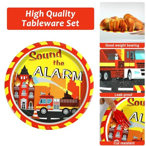 Image of 100 Pcs Firetruck Birthday Party Decorations Fireman Plates and Napkins for Firefighter Party Supplies Fire Truck Birthday Theme Disposable Dinnerware Set for Kids Fireman Party Favors Serve 25