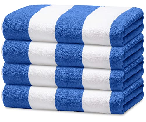 Avalon Towels Cabana Beach Towels 4 Pack (Size 30x60) Inches Oversized, 100% Ring Spun Cotton, Highly Absorbent Large Pool Towels, Super Soft and Quick Drying, Perfect for Gifts (Blue Stripe)