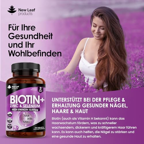 Biotin Hair Growth Vitamins 12,000mcg D-Biotin Tablets Enriched with Zinc & Selenium –Vegan Beauty Hair Skin & Nails Vitamins For Women and Men High Strength - 3 Months Supply UK Made - New Leaf