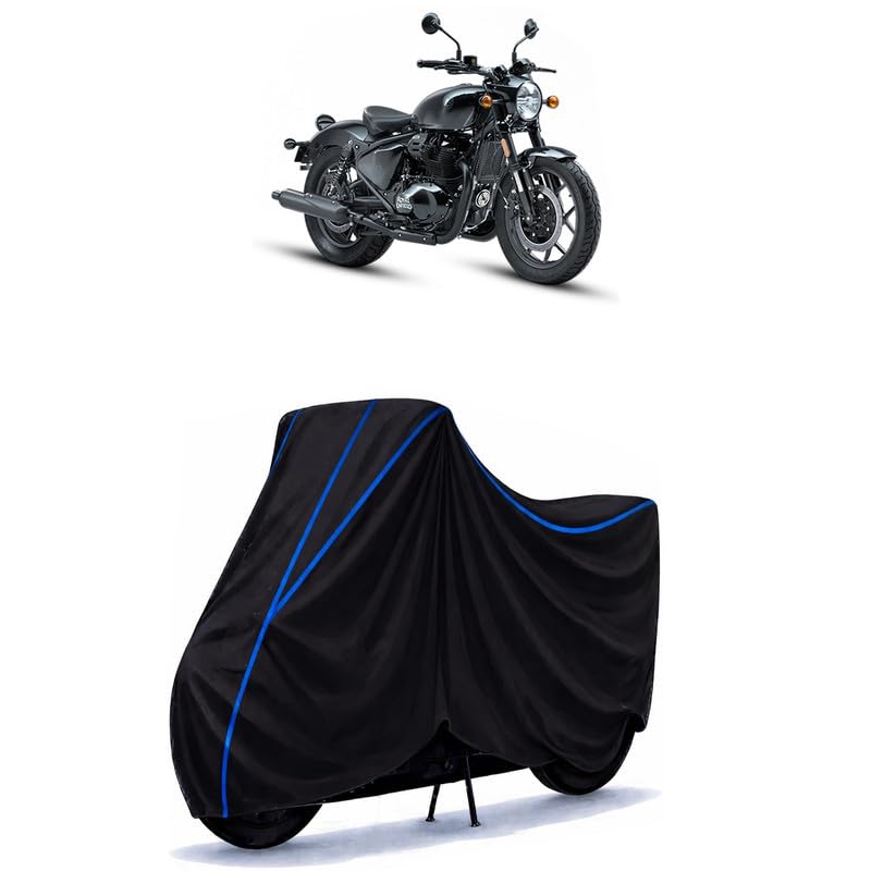Image of Shotgun 350 Bike Cover Water Resistant Universal Motorcycle Rain | Heavy Duty UV Protection, Dust, Scratch Indoor Outdoor All Weather with Black Blue Piping Elastic