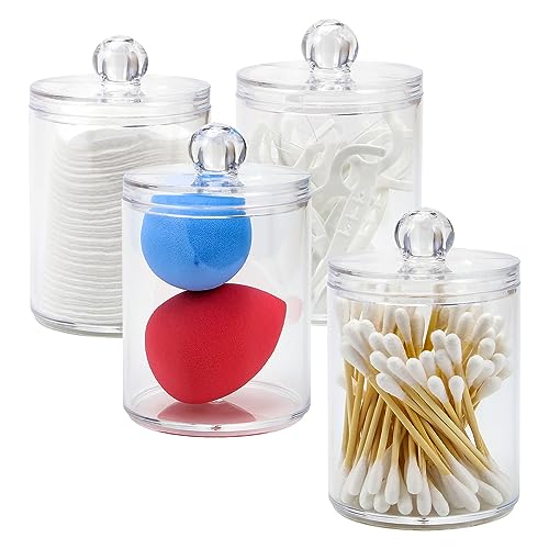 Taylor & Brown 4 Pack Qtip Holder for Bathroom - Apothecary Jars with Lids, Cotton Pad Holder Qtip Dispenser Canisters Swab Pads for Cotton Ball, Floss, Hair Clips