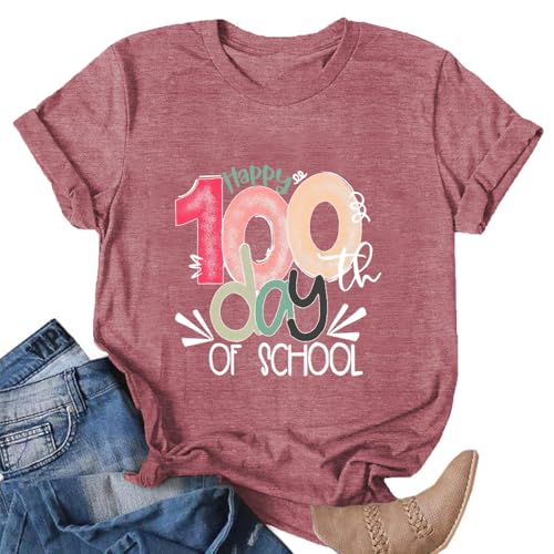 Image of 100th Day of School Shirt for Women Teacher Graphic T-Shirt Funny Teach Short Sleeve Tee Tops