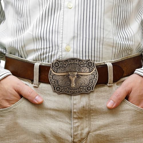 Image of HUABOLA CALYN Long Horn Bull Belt Buckles for Men Women American Flag Texas Star Belt Buckles