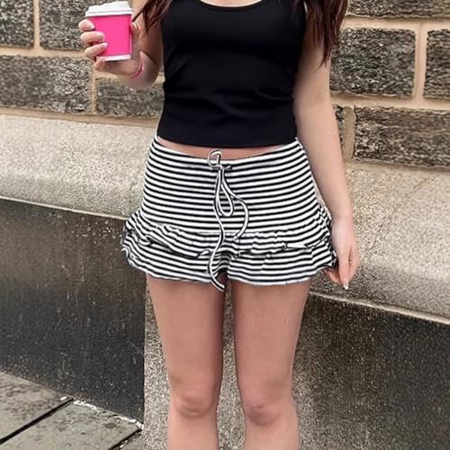 Striped Mini Skirt Elastic Waist Ruffle Hem Drawstring Detail Soft Fabric Casual Bottom Everyday Outfit4