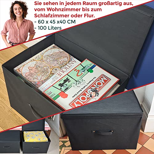Neusu Aufbewahrungsbox mit Deckel - Schwarz, Stoff Bezogen - Stabile große 60x45x40 cm Klappbox - 100 Liter Super-Jumbo XXL Kiste/Ordnungsbox (100L)