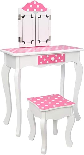 Miniatura 4 de Juego de mesa y silla para niños, juego de tocador para niñas con espejo y taburete, espejo de tres pliegues, tocador de princesa de maquillaje con