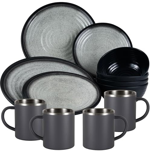 Melamin Geschirr Set Grau Schwarz für 4 Personen 16 Teile mit Edelstahl Thermo Tassen doppelwandig - Tonoptik Essgeschirr - Campinggeschirr Picknick ideal für Camping modern Outdoor