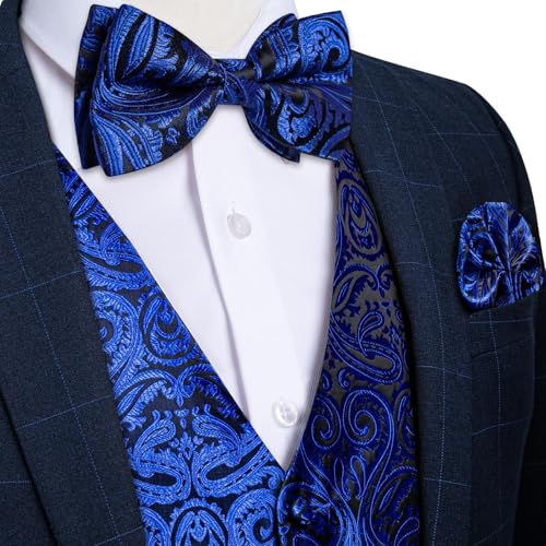 Image of DiBanGu Mens Paisley Suit Waistcoat,Silk Dress Vest and Bowtie Pocket Square Cufflinks with Lapel Pin Set for Wedding Tuxedo