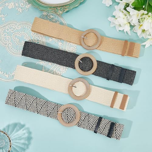 4Pcs Straw Woven Belt Set with Round Buckle Adjustable Braid Raffia Rattan Waistband Fashion Boho Style Stretch Wide Waist Belts for Women Ladies Summer Dress Jeans Pants Accessories Gift3