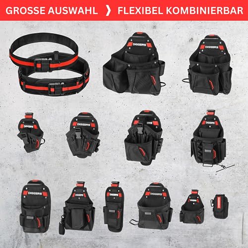 Diggers Tools - Akkuschrauber Holster Werkzeugtasche - [ Größe M ] Flexibel Kombinierbare Werkzeugtasche Gürtel - Hochwertige Gürteltasche Werkzeug für Elektriker, Dachdecker & Zimmerer