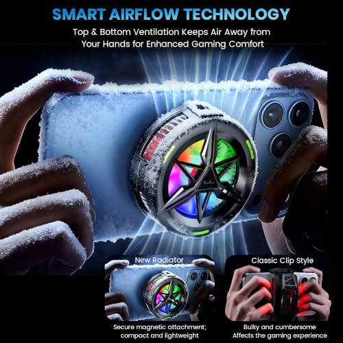 Image of PunnkFunnk Phone Cooler for Gaming, 5000 RPM 7-Blade Fan, RGB Light, Semiconductor Cooling Chip, Type-C Powered, LED Display, Clamp Mount Mobile Cooling Fan for Android & iOS (Black Max)