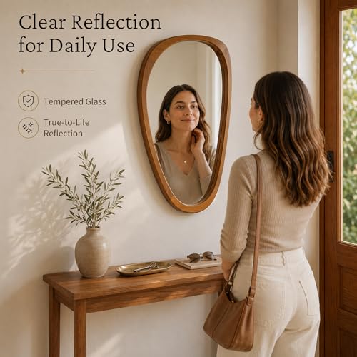 Image of Solid Wood 30 inchx20 inch Warm Walnut Organic Irregular Wall Mirror Decor | Warm grain and asymmetrical shape suit Japandi, Boho, organic decor, entryways, powder rooms, bedrooms, apartments