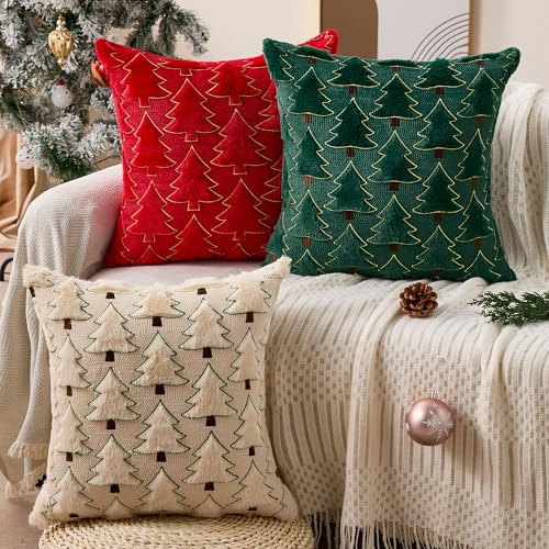 Image of Allorry Christmas Pillow Covers 20x20 inch Set of 2 Christmas Decorations Soft Plush Faux Fur Wool Green Christmas Tree Throw Pillow Cases Winter Holiday Decor for Sofa Living Room PT-012A20