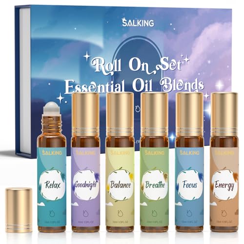 SALKING Juego de Aceites Esenciales en Roll-On, Aromaterapia Portátil, Aceites para Masaje y Bienestar - Relajación, Buena Noche, Equilibrio, Respiración, Energía, Concentración