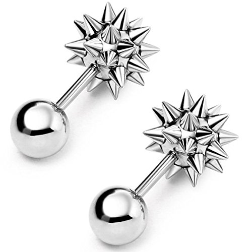 Ball Spike Screw Silver Color Stud Earrings Stainless Steel Unisex, 2pcs-image-32